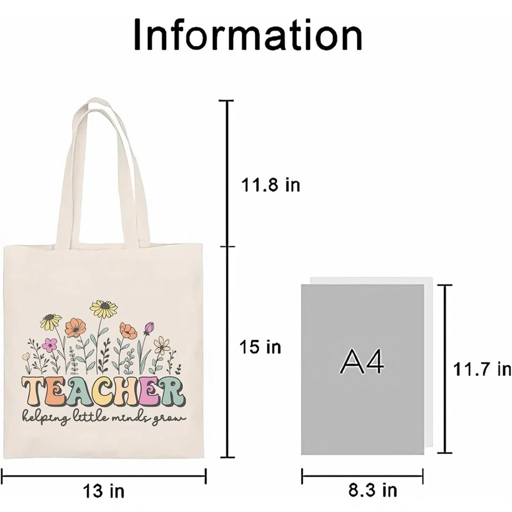 Teacher Tote Bag Floral Canvas Helping Little Minds Grow Cute Teacher Gift - Picture 2 of 3